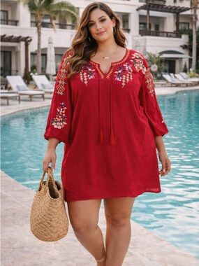 NWT Boutique Red Embroidered Boho Tunic | Anthro Free People Style Resort Top 1X